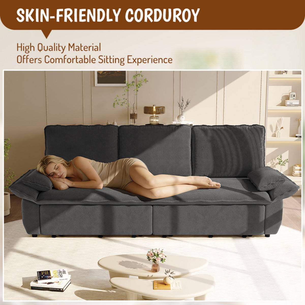 94.5" 3-in-1 Corduroy Queen Pull-Out Sofa Bed