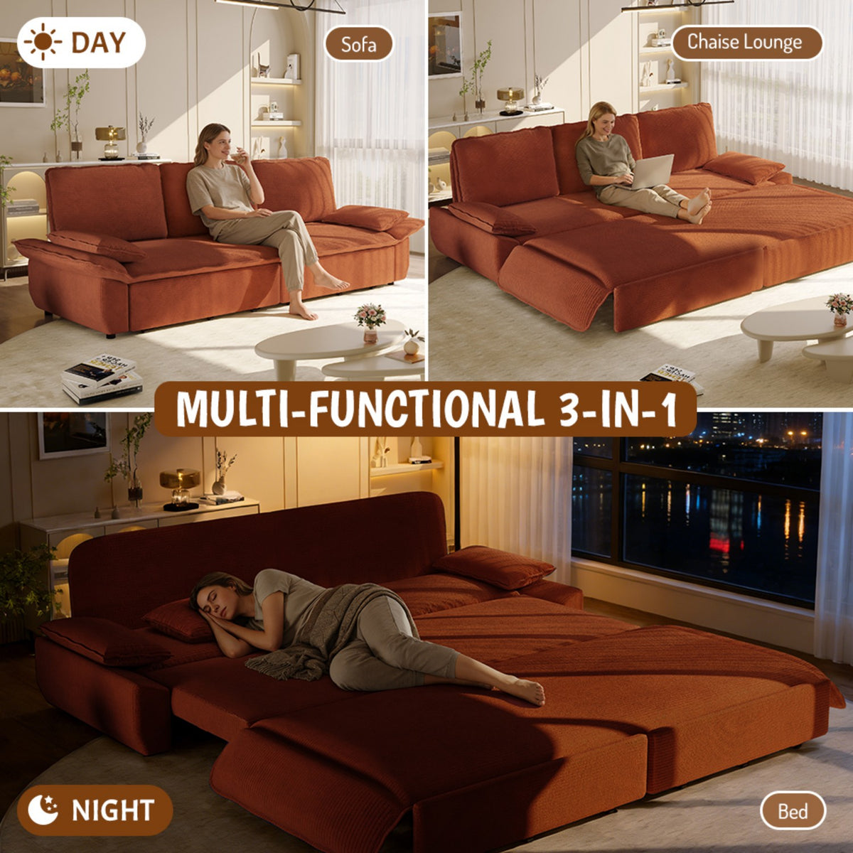 94.5" 3-in-1 Corduroy Queen Pull-Out Sofa Bed