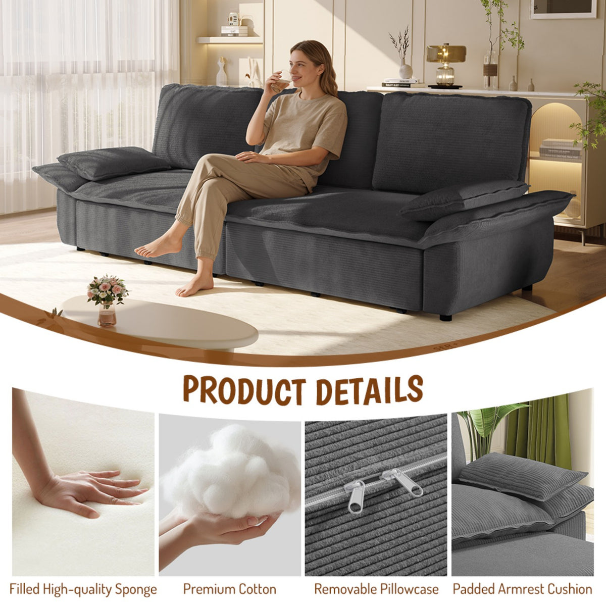 94.5" 3-in-1 Corduroy Queen Pull-Out Sofa Bed
