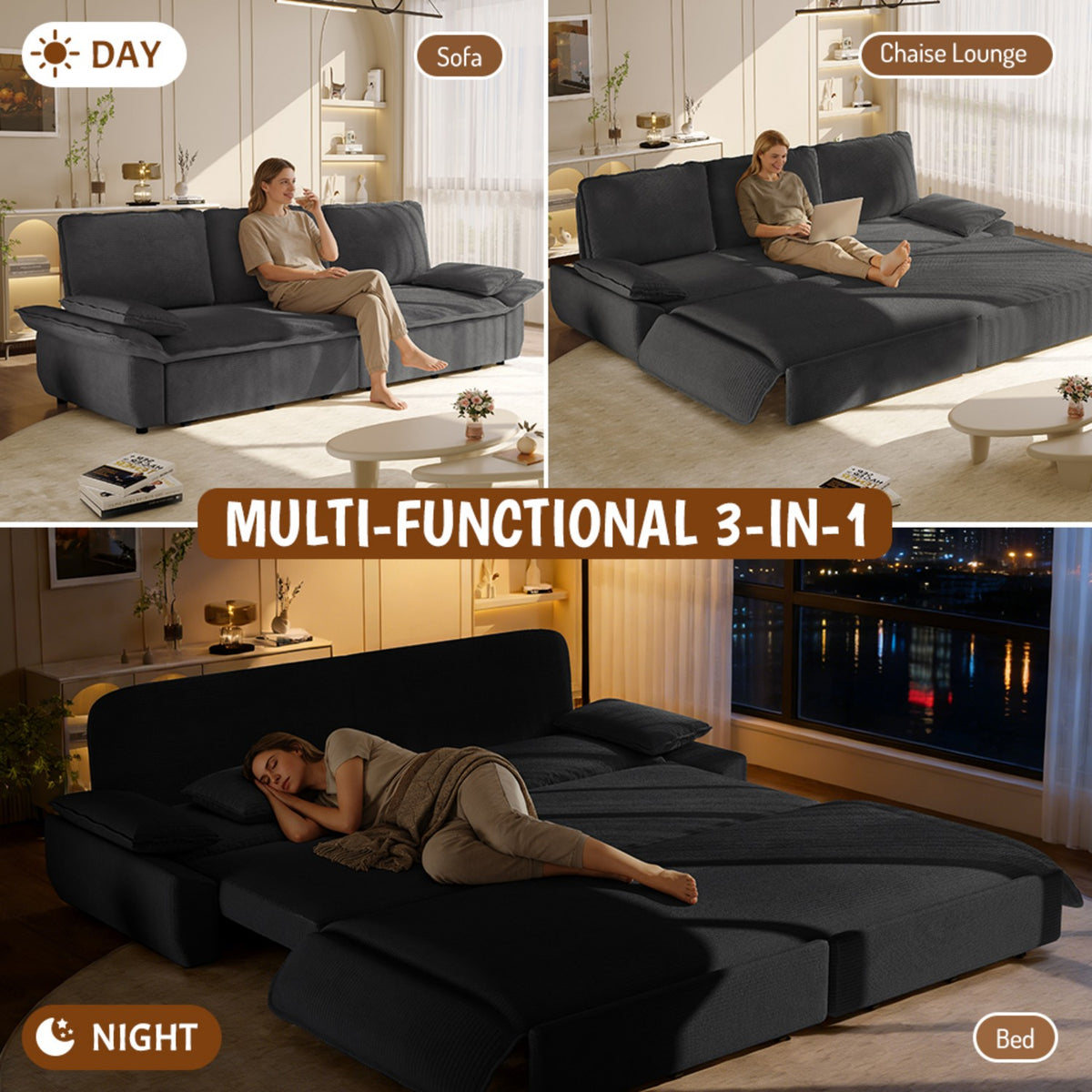 94.5" 3-in-1 Corduroy Queen Pull-Out Sofa Bed