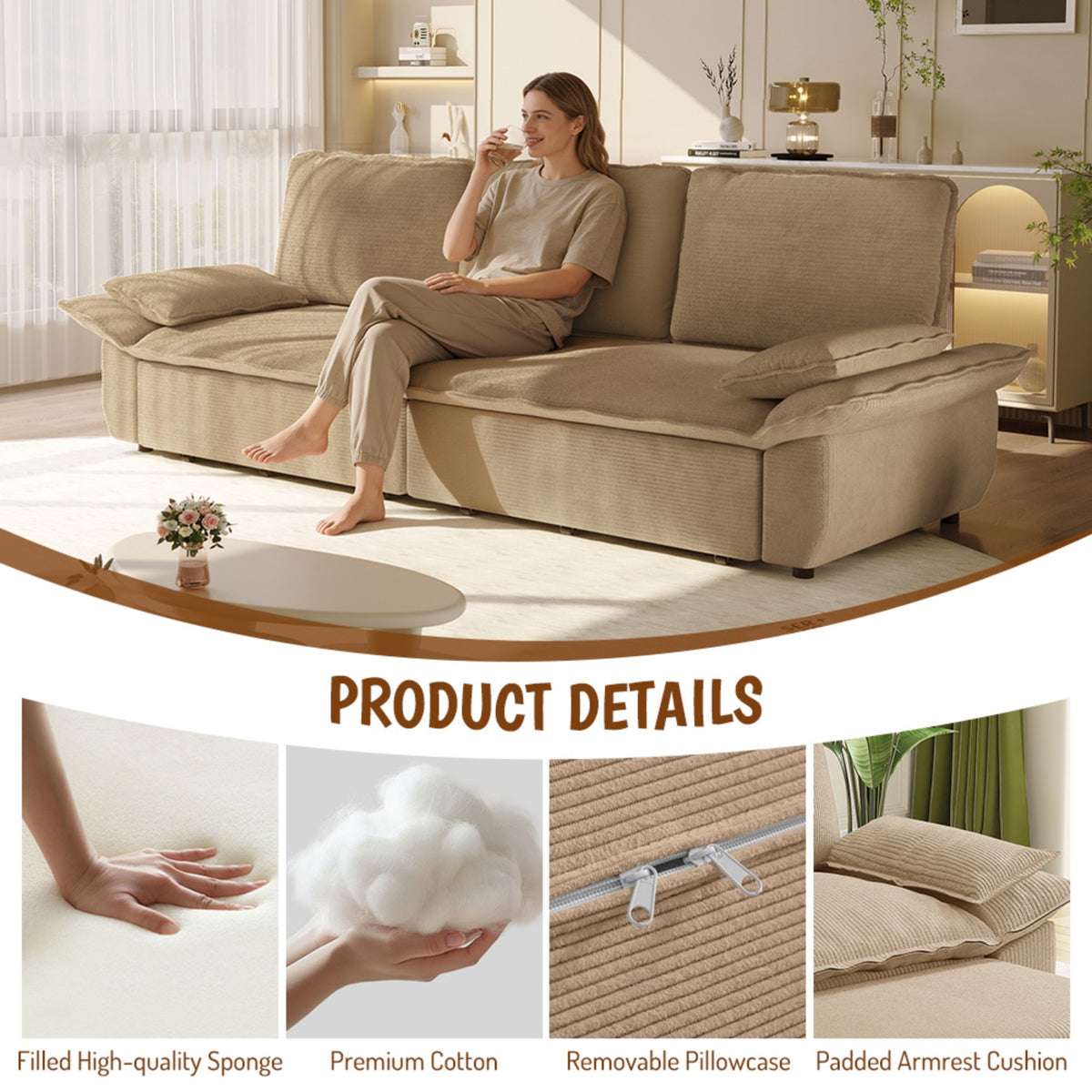 94.5" 3-in-1 Corduroy Queen Pull-Out Sofa Bed