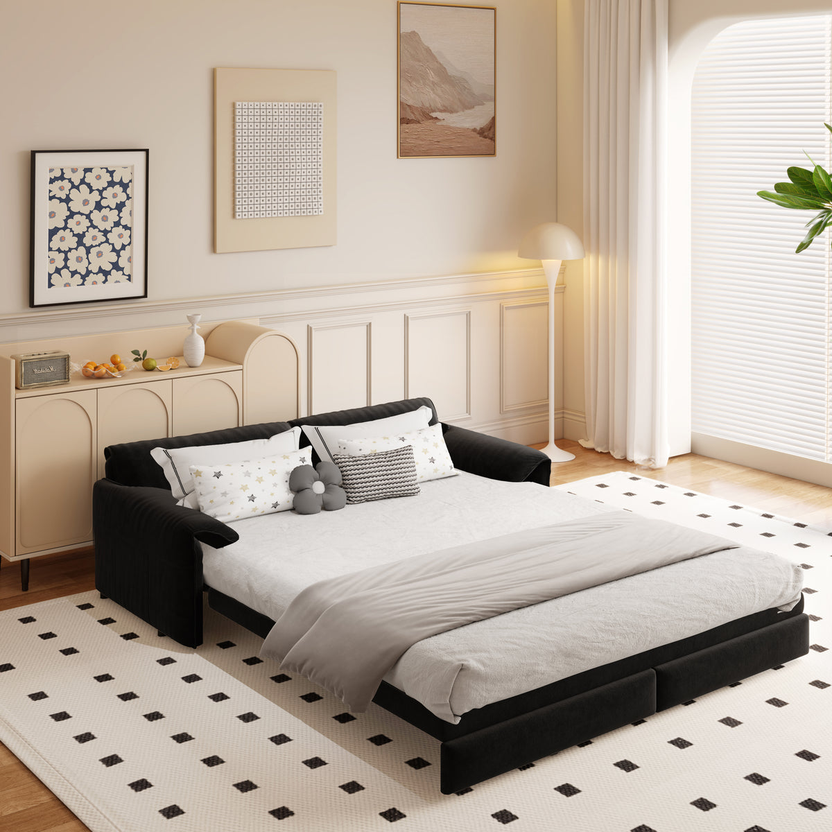 3-in-1 Convertible Queen Sofa Bed with Side Storage, Velvet Loveseat