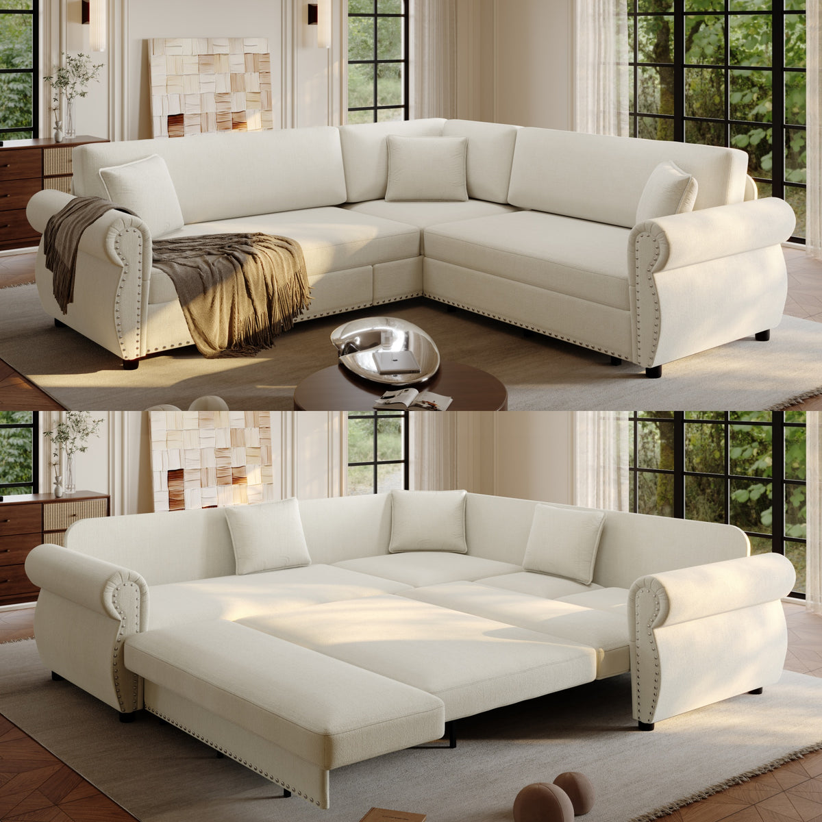 88.2" L-Shaped Chenille Sectional Sofa with Pull-Out Bed & Rolled Arm