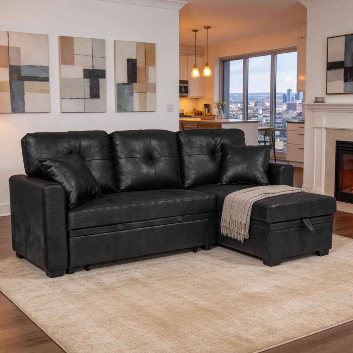 L-Shaped Sectional Sofa with Pull-Out Bed, Reversible Chaise & Storage