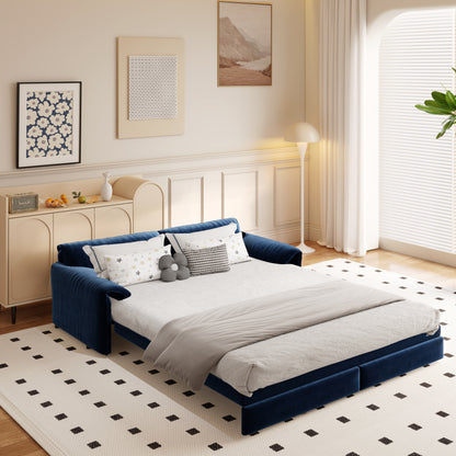 Queen Pull-Out Velvet Sleeper Sofa, 3-in-1 Convertible Bed with Side Storage
