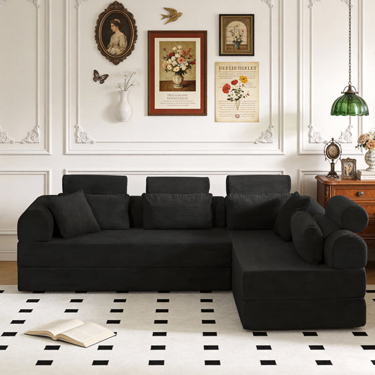 L-Shaped Modular Corduroy Sectional Sofa, Compressed Sofa Couch, Unfolds into a Bed