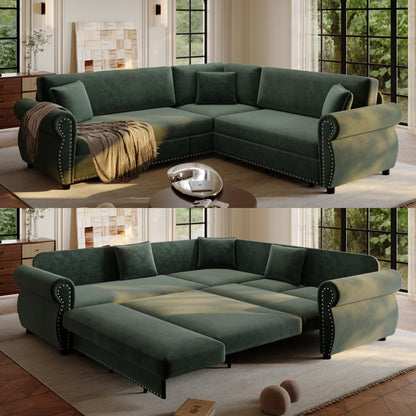 88.2" L-Shaped Chenille Sectional Sofa with Pull-Out Bed & Rolled Arm