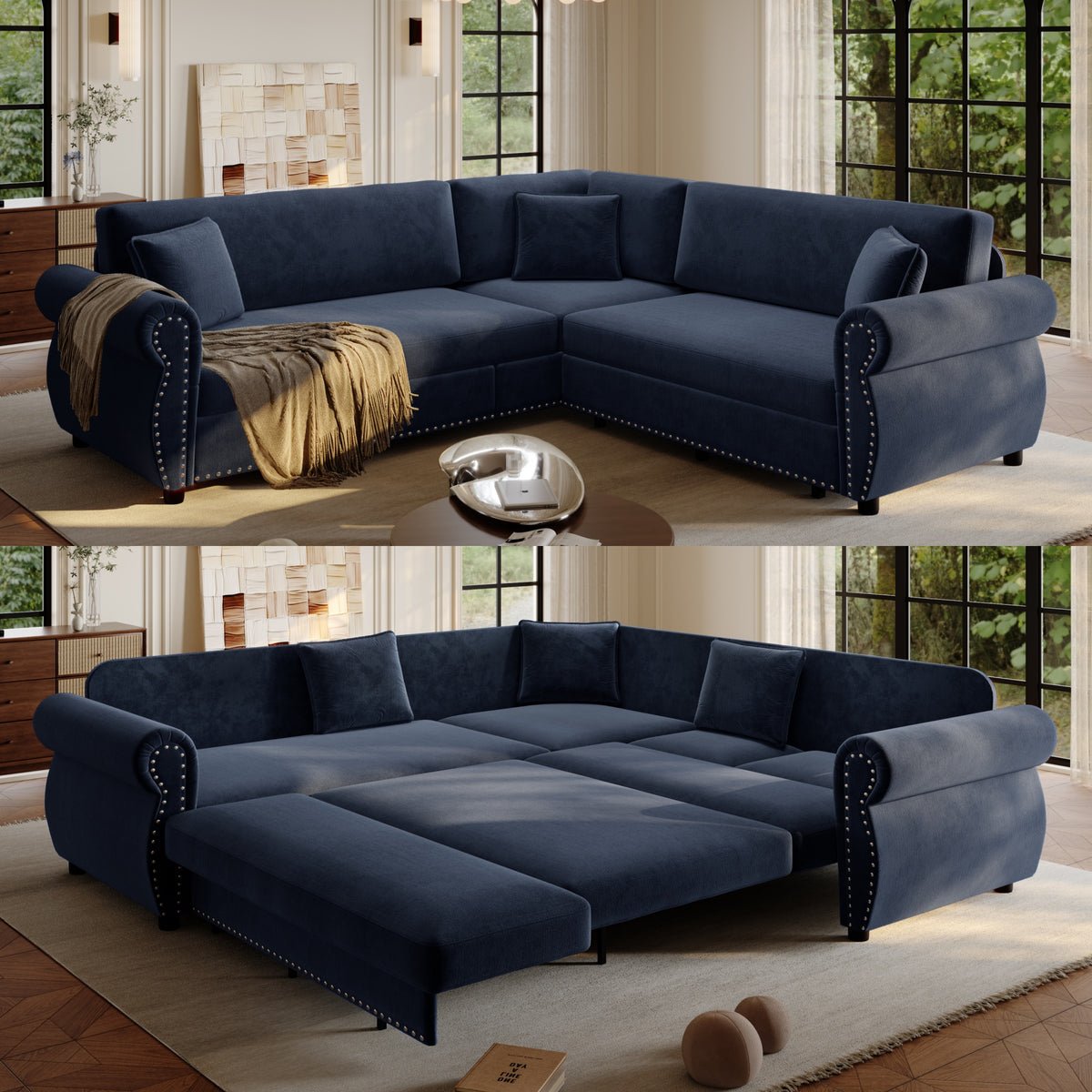 88.2" L-Shaped Chenille Sectional Sofa with Pull-Out Bed & Rolled Arm