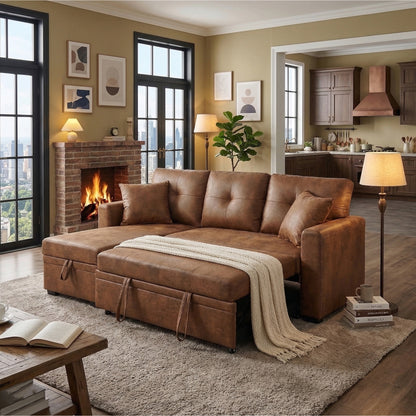 L-Shaped Sectional Sofa with Pull-Out Bed, Reversible Chaise & Storage