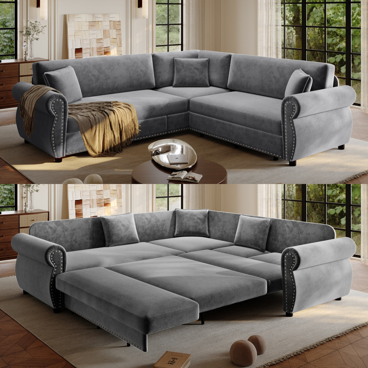 88.2" L-Shaped Chenille Sectional Sofa with Pull-Out Bed & Rolled Arm