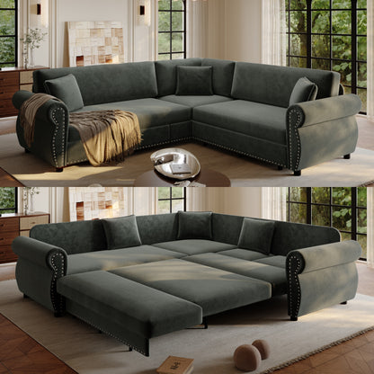 88.2" L-Shaped Chenille Sectional Sofa with Pull-Out Bed & Rolled Arm