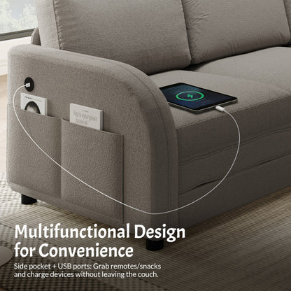 115.2" L-Shaped Sleeper Sofa with Pull-Out Bed, Side Pockets & USB Ports