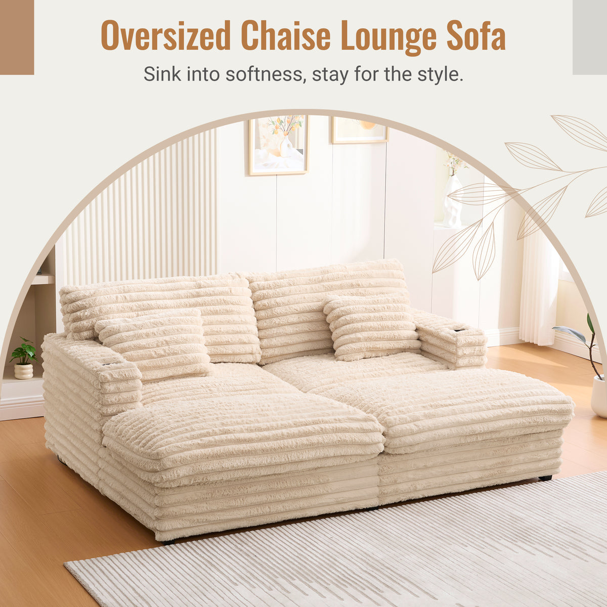 82" Oversized Double Chaise Lounge Sofa Bed with USB Ports & Cup Holders