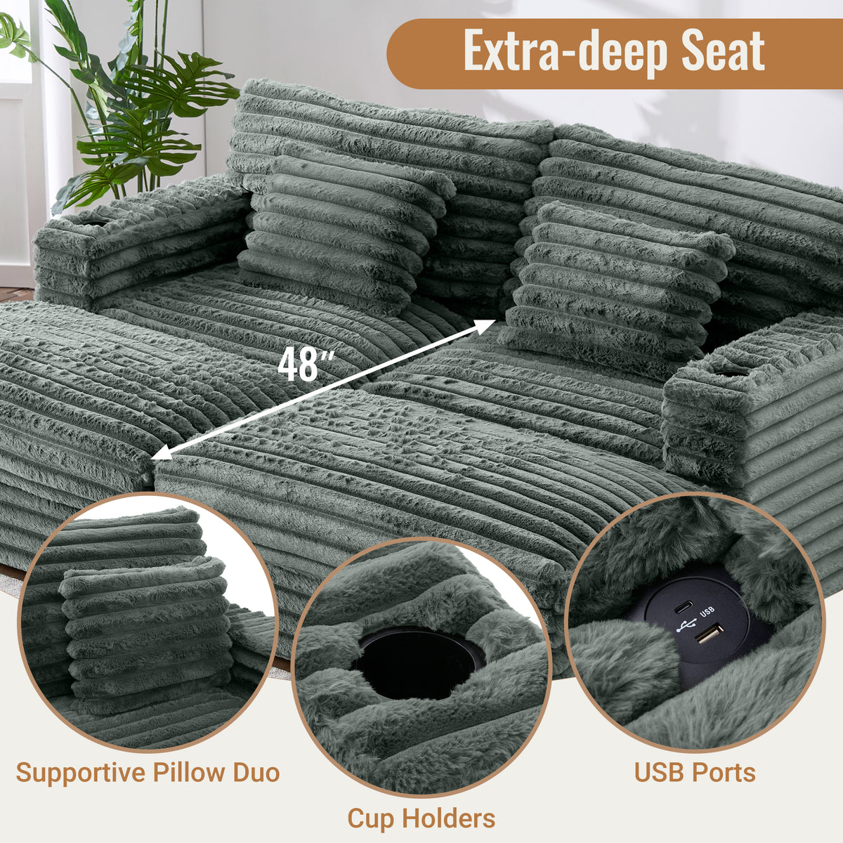 82" Oversized Double Chaise Lounge Sofa Bed with USB Ports & Cup Holders
