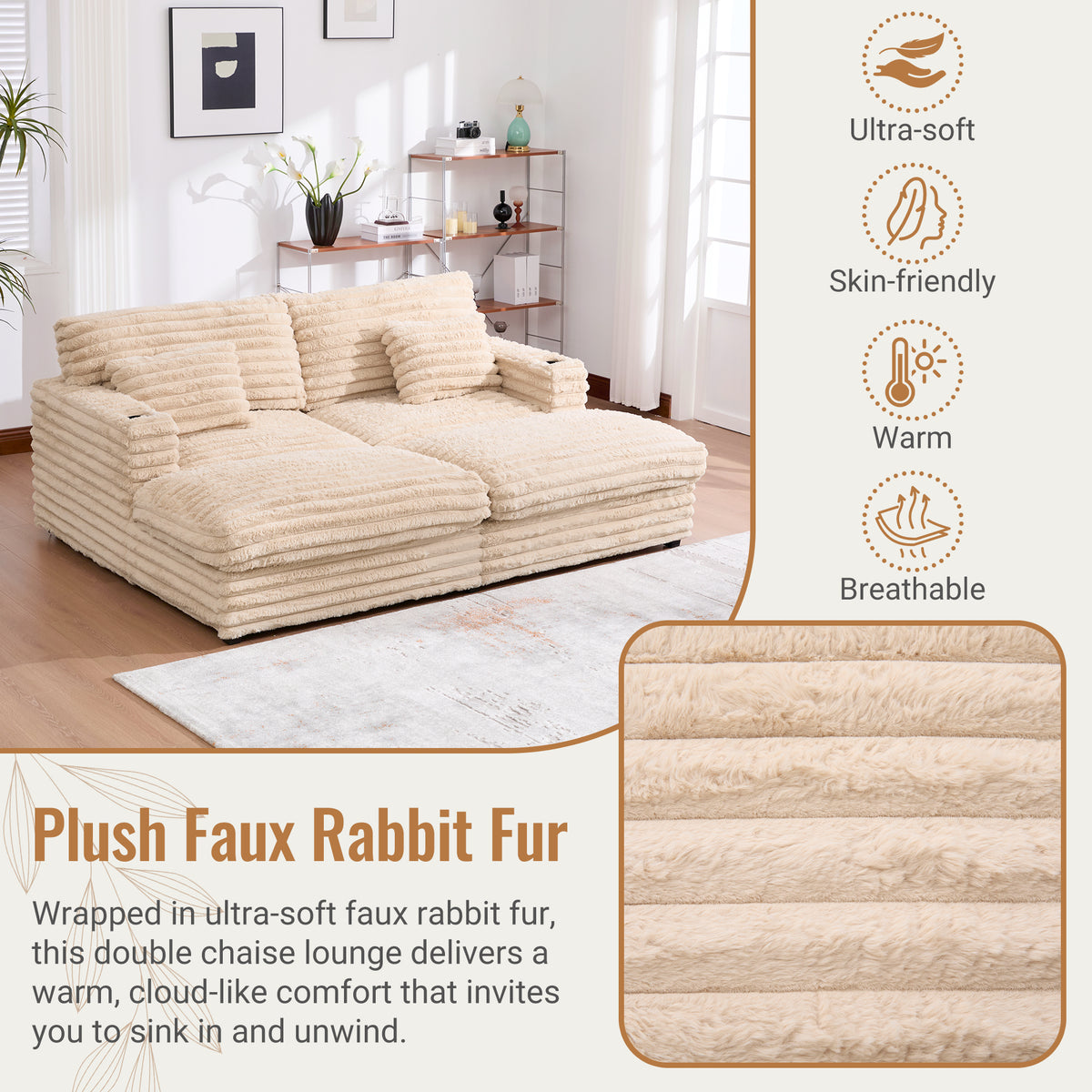 82" Oversized Double Chaise Lounge Sofa Bed with USB Ports & Cup Holders