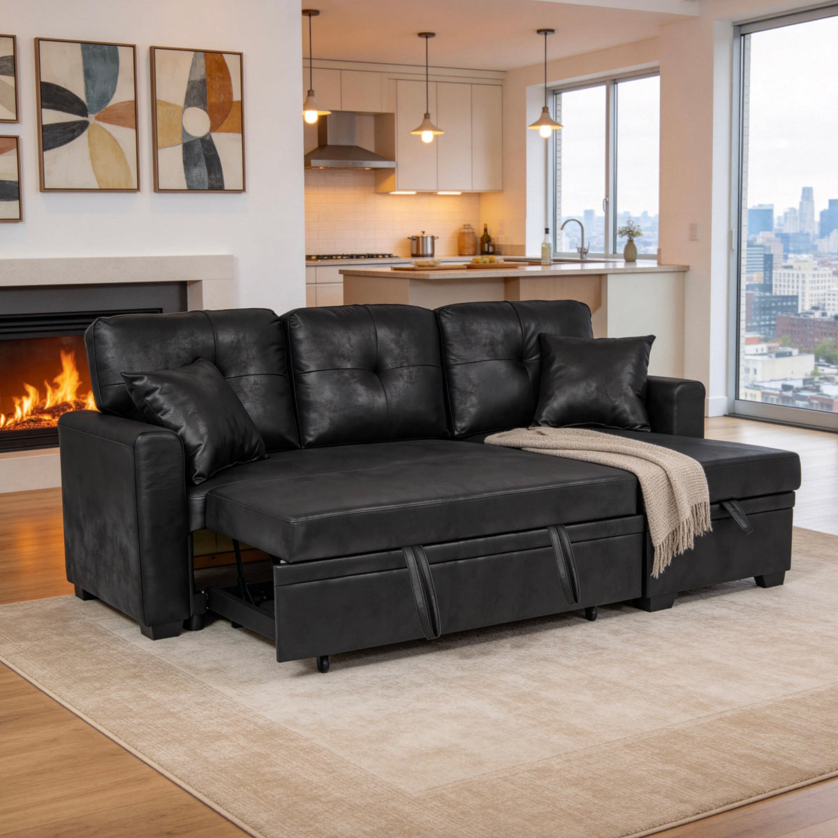 L-Shaped Sectional Sofa with Pull-Out Bed, Reversible Chaise & Storage