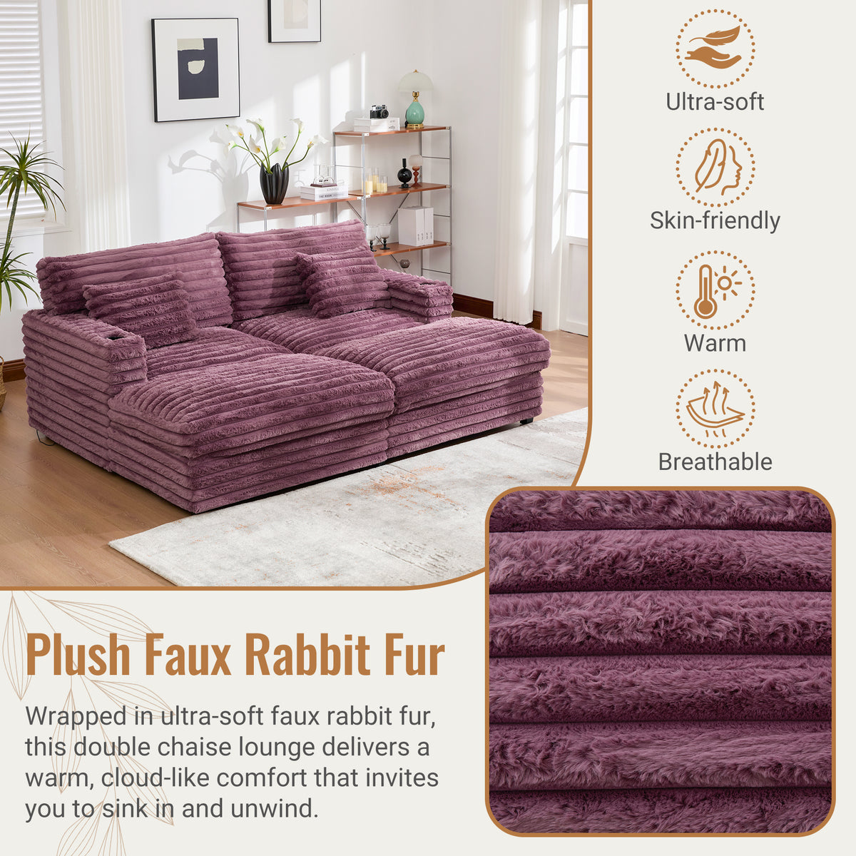 82" Oversized Double Chaise Lounge Sofa Bed with USB Ports & Cup Holders
