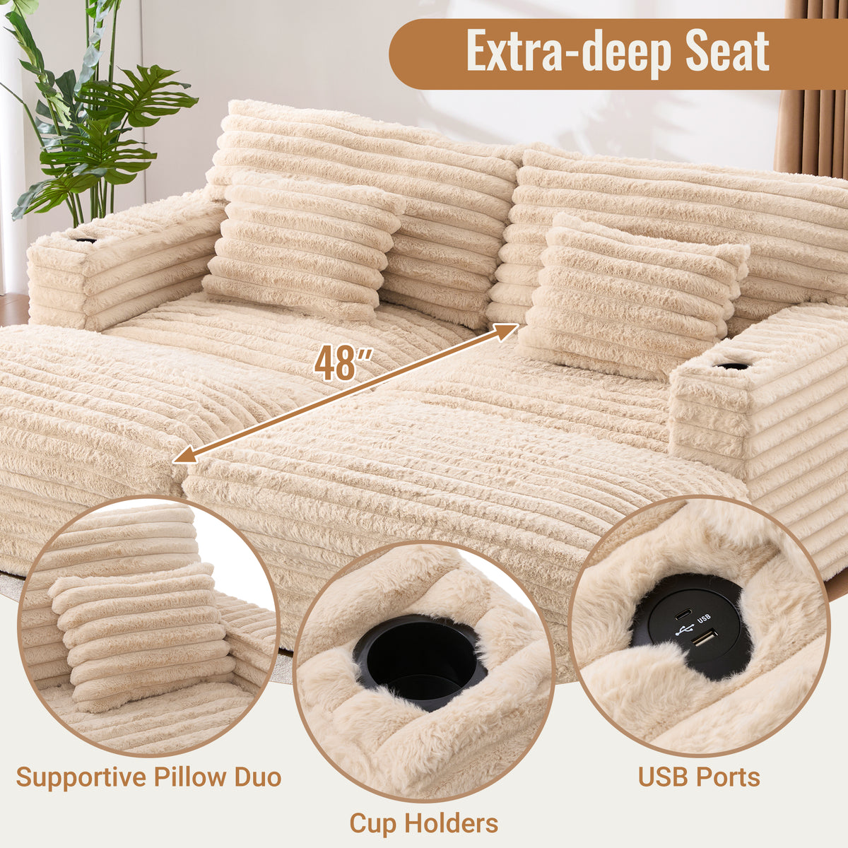 82" Oversized Double Chaise Lounge Sofa Bed with USB Ports & Cup Holders
