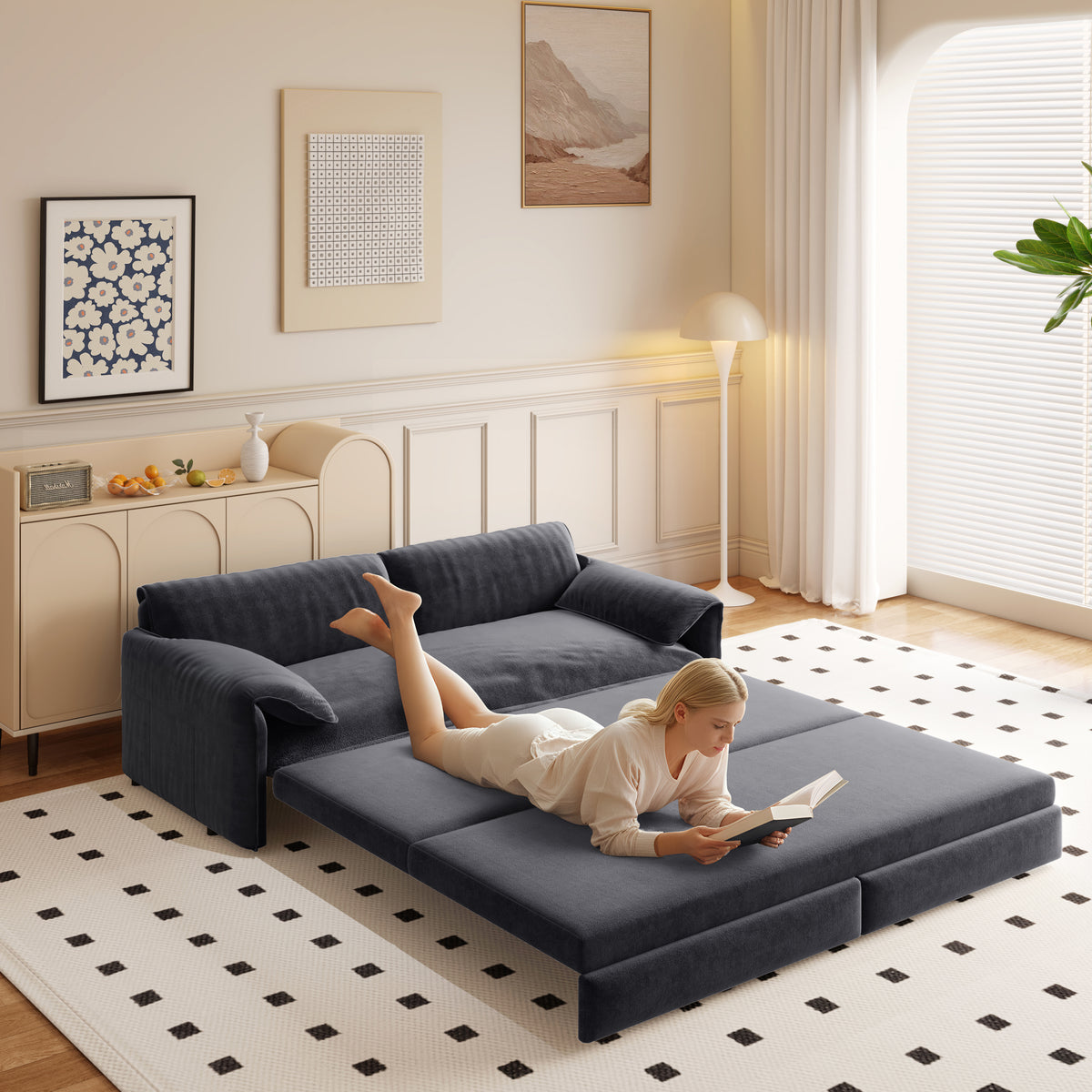 3-in-1 Convertible Queen Sofa Bed with Side Storage, Velvet Loveseat