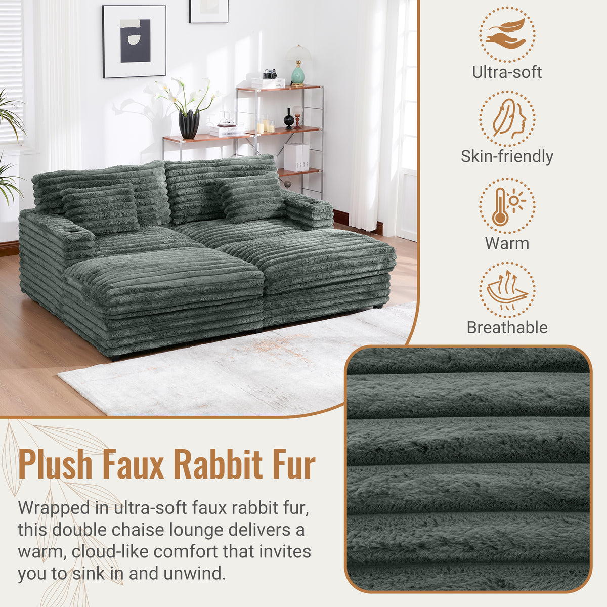 82" Oversized Double Chaise Lounge Sofa Bed with USB Ports & Cup Holders