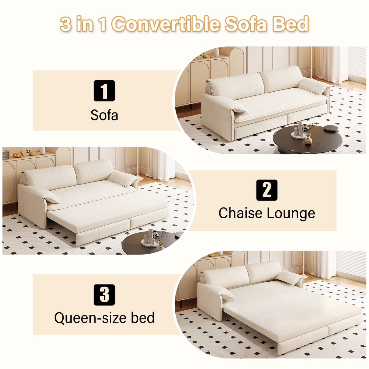 3-in-1 Convertible Queen Sofa Bed with Side Storage, Velvet Loveseat