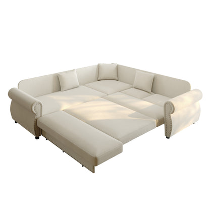 88.2" L-Shaped Chenille Sectional Sofa with Pull-Out Bed & Rolled Arm