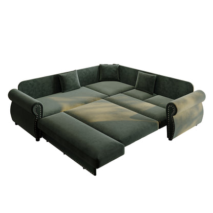 88.2" L-Shaped Chenille Sectional Sofa with Pull-Out Bed & Rolled Arm