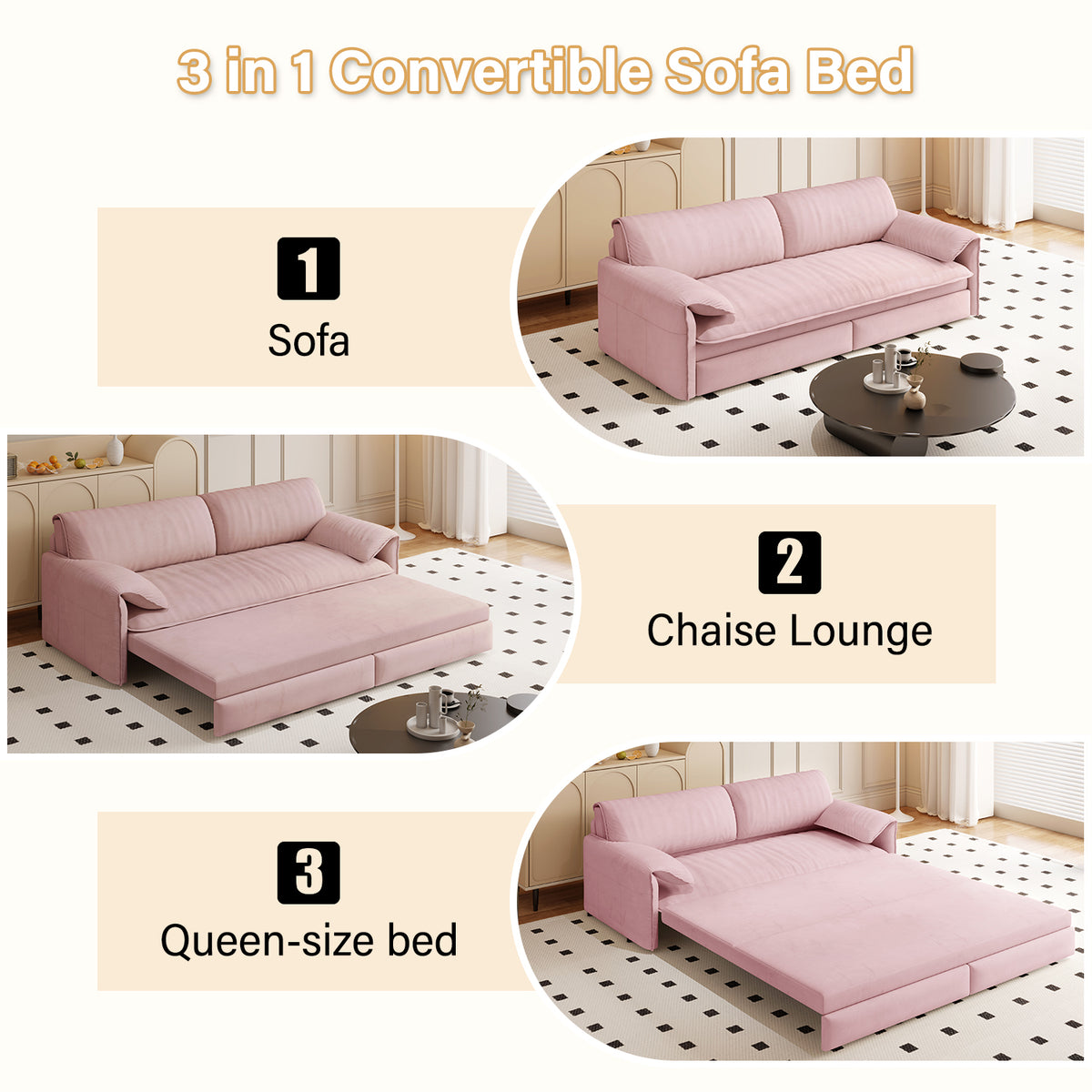 Queen Pull-Out Velvet Sleeper Sofa, 3-in-1 Convertible Bed with Side Storage
