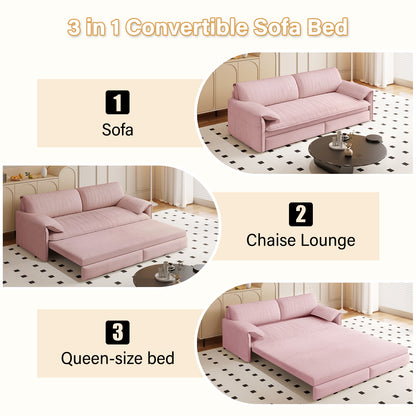 Queen Pull-Out Velvet Sleeper Sofa, 3-in-1 Convertible Bed with Side Storage
