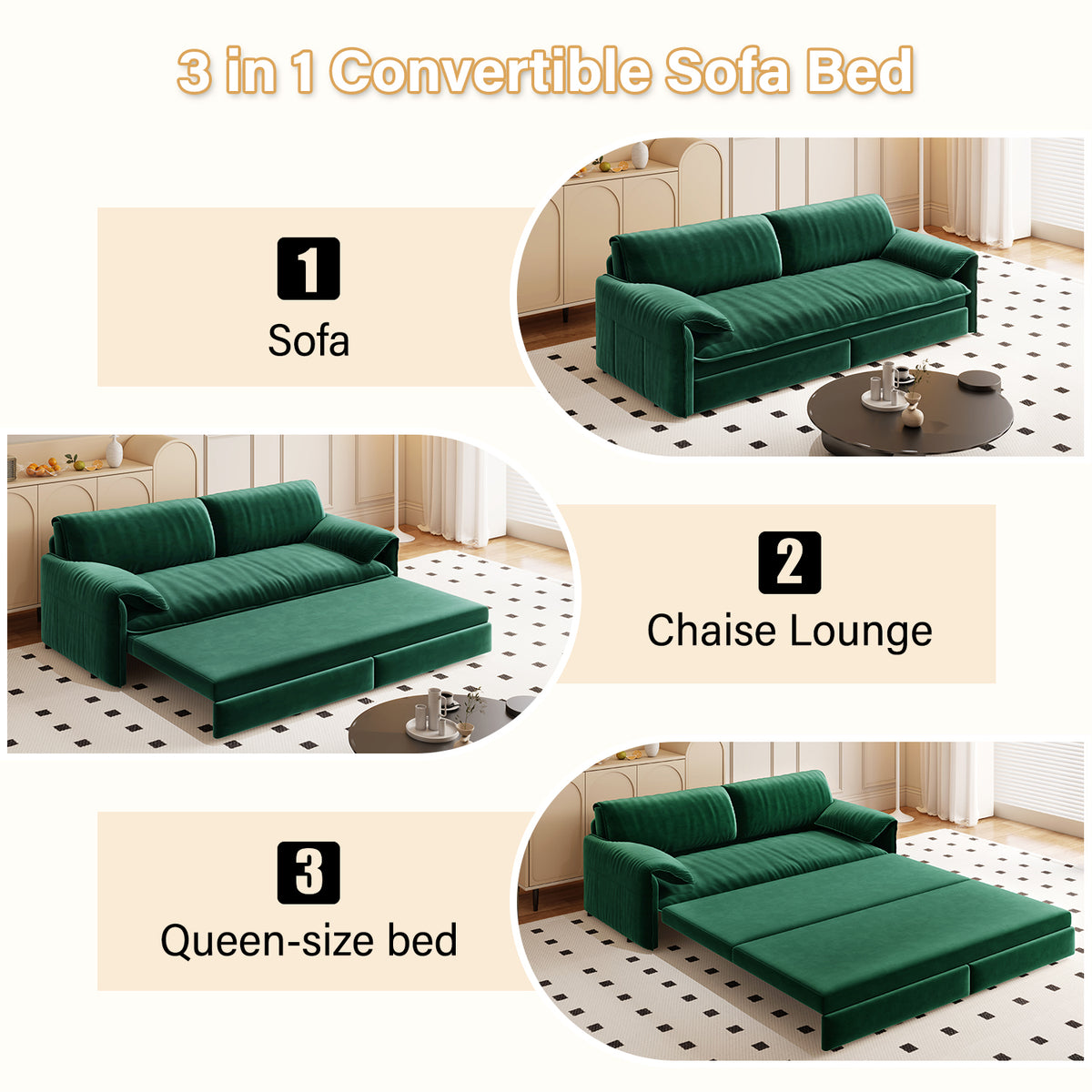Queen Pull-Out Velvet Sleeper Sofa, 3-in-1 Convertible Bed with Side Storage