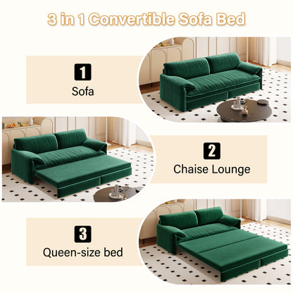 Queen Pull-Out Velvet Sleeper Sofa, 3-in-1 Convertible Bed with Side Storage