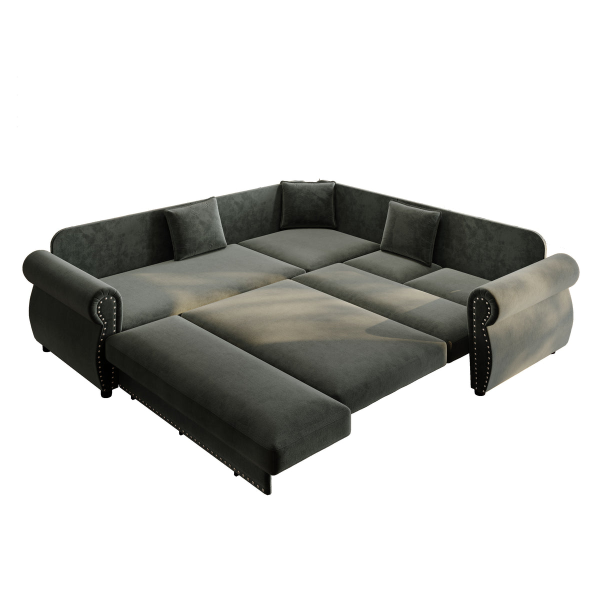 88.2" L-Shaped Chenille Sectional Sofa with Pull-Out Bed & Rolled Arm
