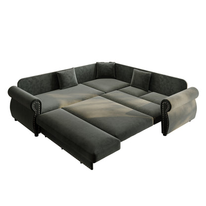 88.2" L-Shaped Chenille Sectional Sofa with Pull-Out Bed & Rolled Arm