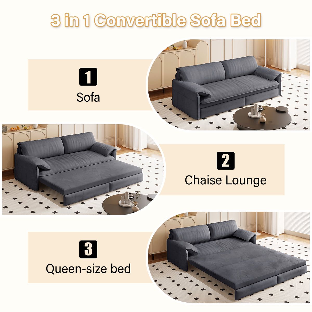 3-in-1 Convertible Queen Sofa Bed with Side Storage, Velvet Loveseat