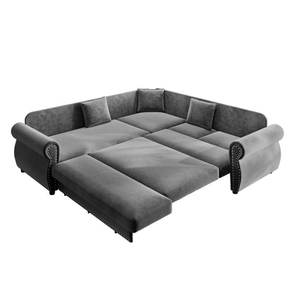88.2" L-Shaped Chenille Sectional Sofa with Pull-Out Bed & Rolled Arm