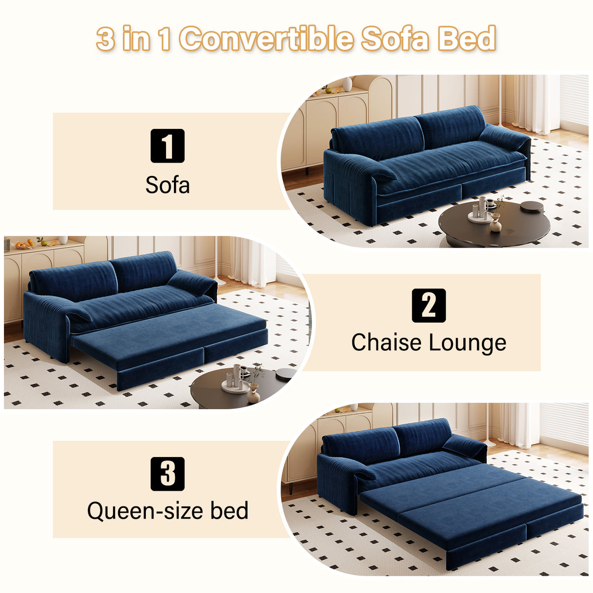 Queen Pull-Out Velvet Sleeper Sofa, 3-in-1 Convertible Bed with Side Storage