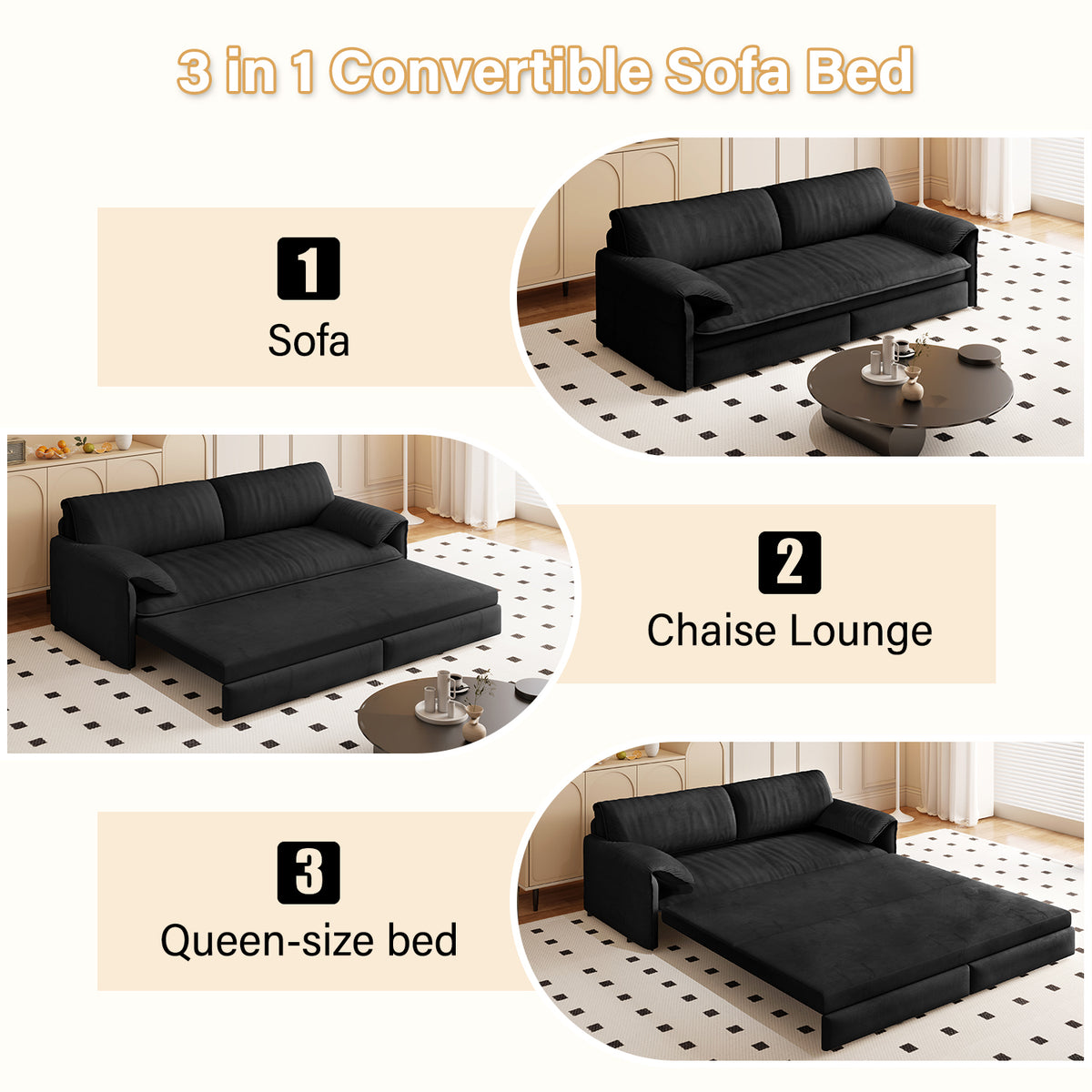 3-in-1 Convertible Queen Sofa Bed with Side Storage, Velvet Loveseat