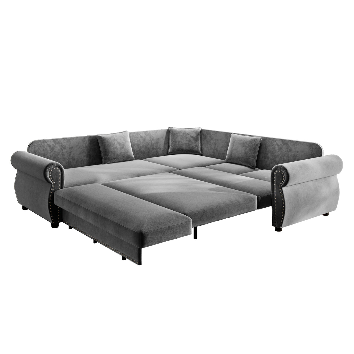 88.2" L-Shaped Chenille Sectional Sofa with Pull-Out Bed & Rolled Arm