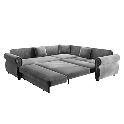88.2" L-Shaped Chenille Sectional Sofa with Pull-Out Bed & Rolled Arm