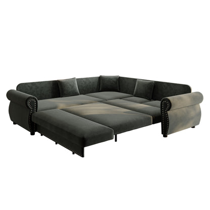 88.2" L-Shaped Chenille Sectional Sofa with Pull-Out Bed & Rolled Arm