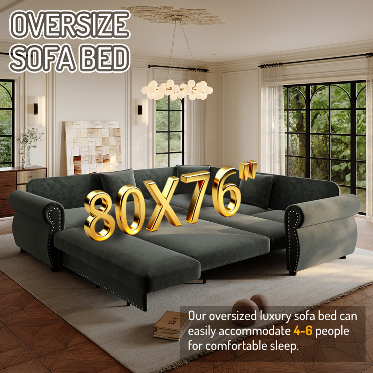 88.2" L-Shaped Chenille Sectional Sofa with Pull-Out Bed & Rolled Arm