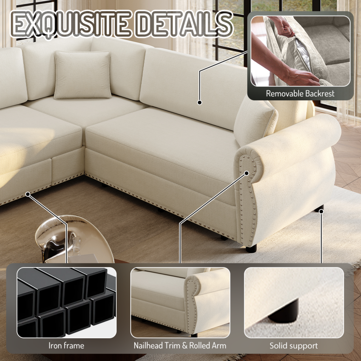 88.2" L-Shaped Chenille Sectional Sofa with Pull-Out Bed & Rolled Arm