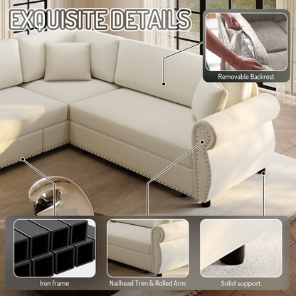 88.2" L-Shaped Chenille Sectional Sofa with Pull-Out Bed & Rolled Arm