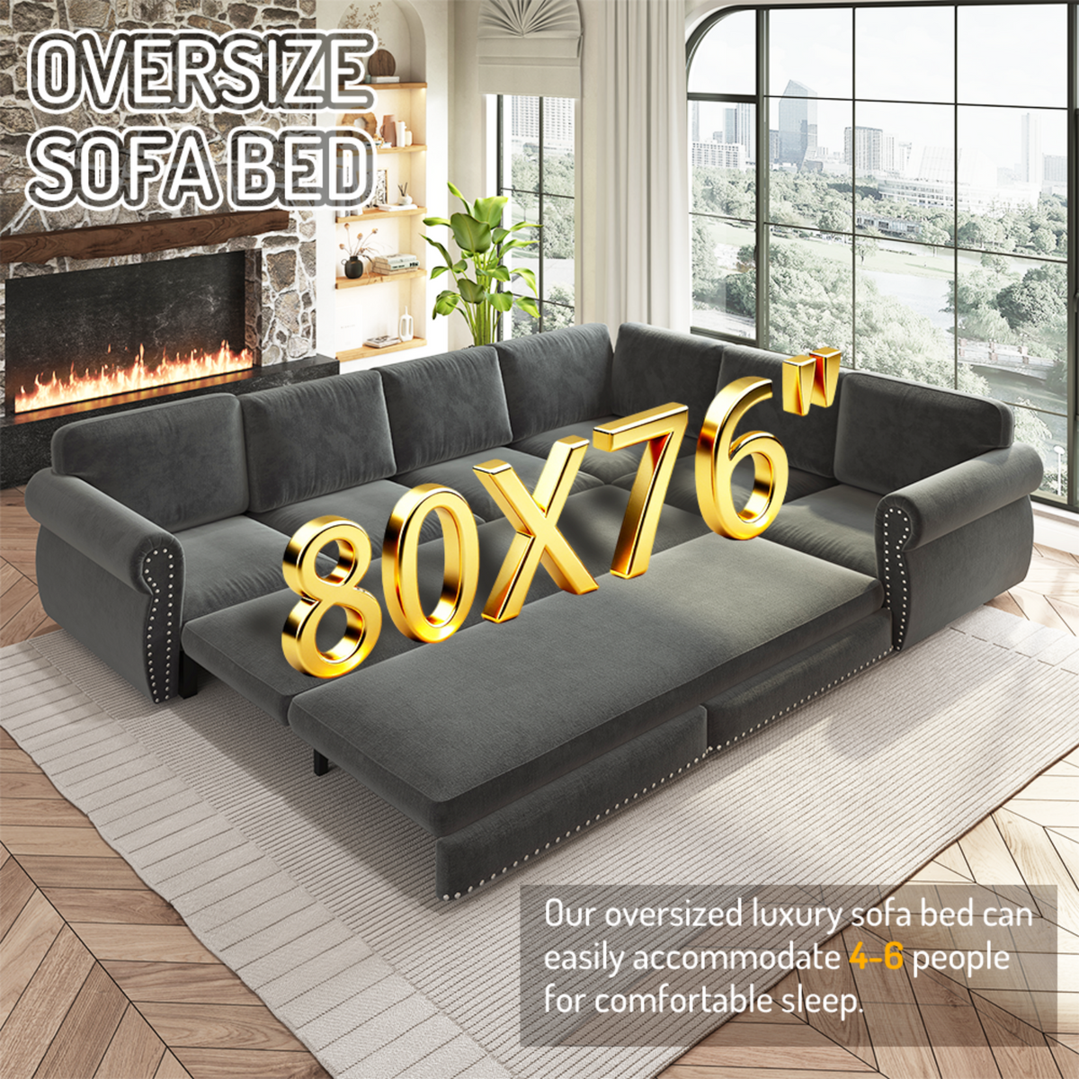 88.2" L-Shaped Chenille Sectional Sofa with Pull-Out Bed & Rolled Arm
