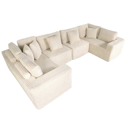 Beige 6-Seat Modular Sectional Sofa - Reconfigurable Polyester Fabric Sofa for Living Room