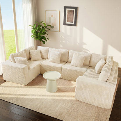 Beige 6-Seat Modular Sectional Sofa - Reconfigurable Polyester Fabric Sofa for Living Room