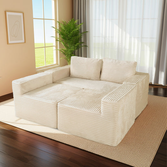 Beige 6-Seat Modular Sectional Sofa - Reconfigurable Polyester Fabric Sofa for Living Room