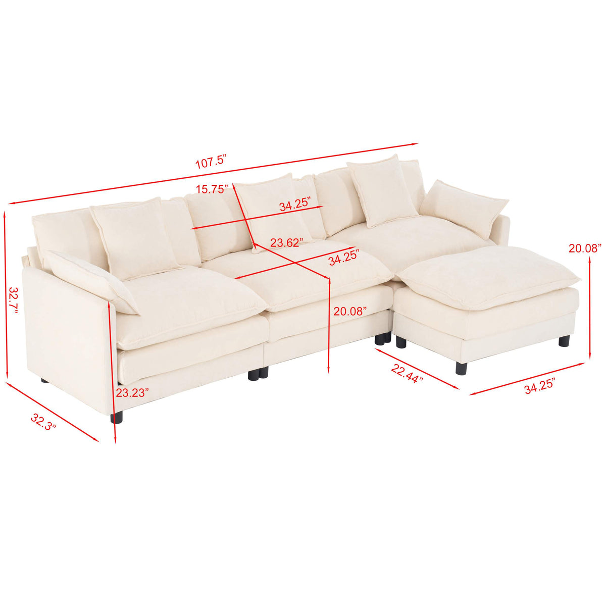 108" 4-Seater L-Shaped Modular Chenille Sofa with Ottoman, Deep Seat Cloud Couch
