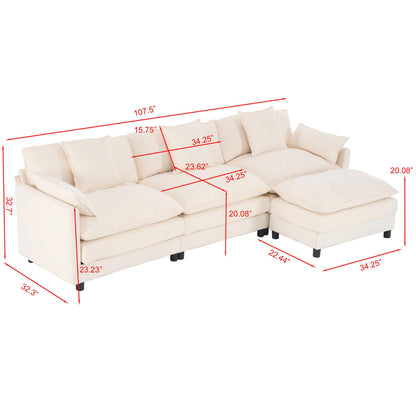 108" 4-Seater L-Shaped Modular Chenille Sofa with Ottoman, Deep Seat Cloud Couch