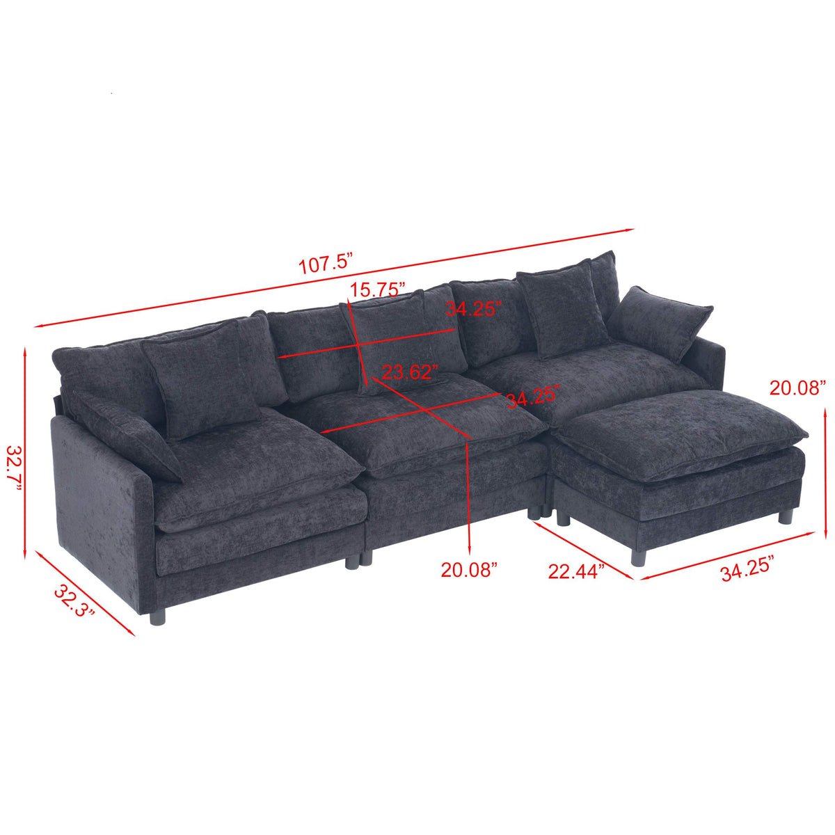 108" 4-Seater L-Shaped Modular Chenille Sofa with Ottoman, Deep Seat Cloud Couch